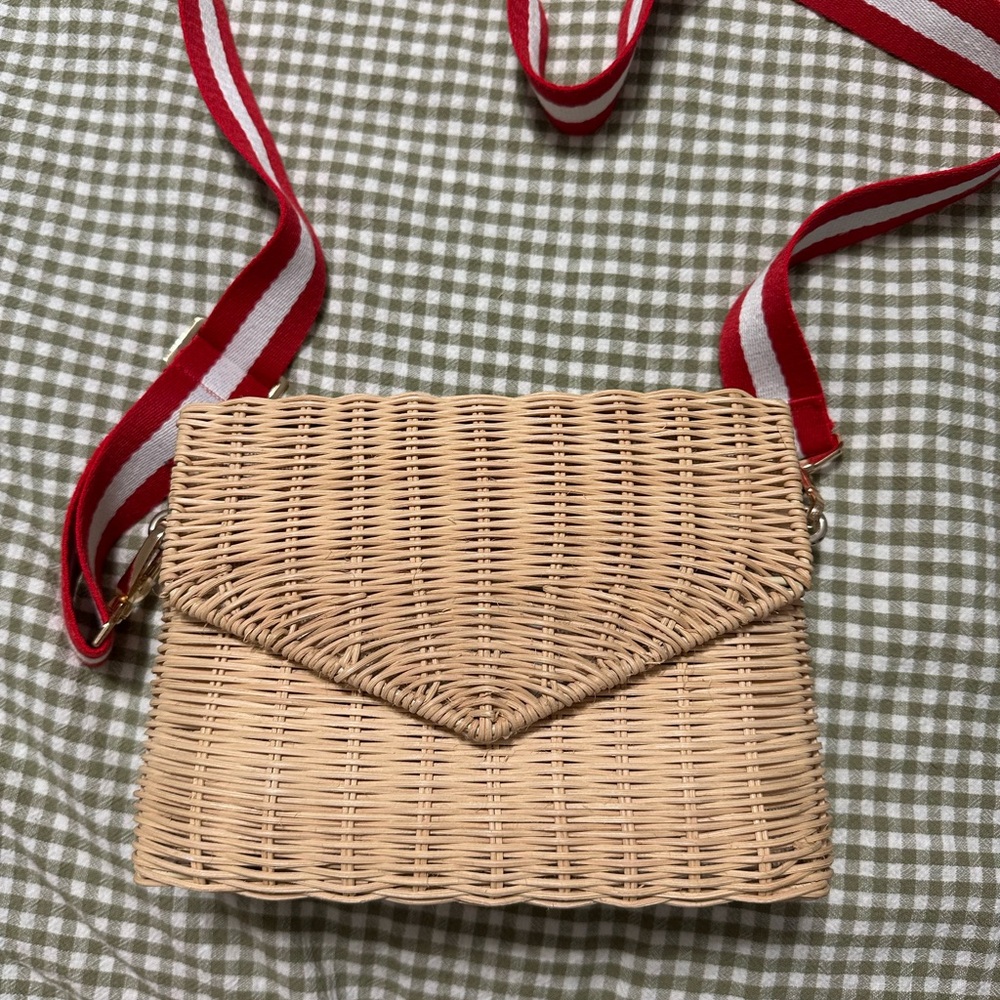 Zara Woven Basket Like Tan Crossbody Bag with Red Strap